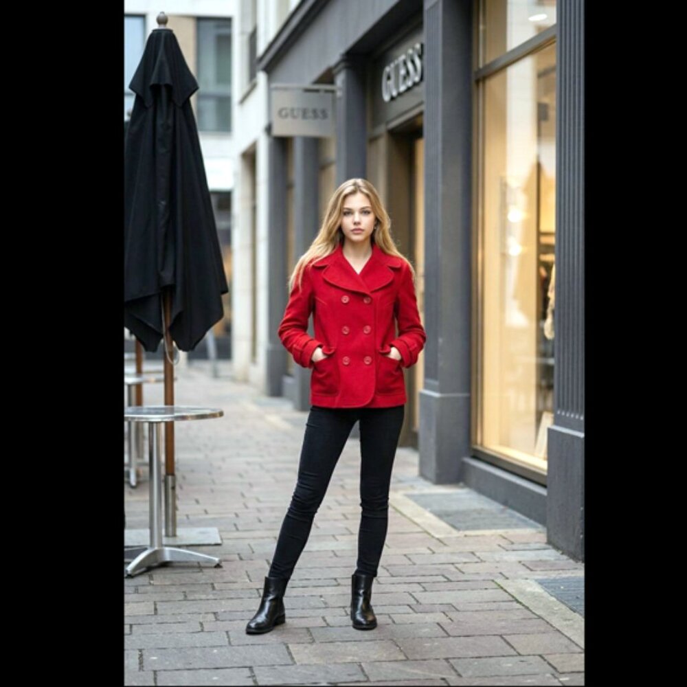 Guess Red Wool Blend Double-Breasted Peacoat Jacket – Size M,	Perfect condition